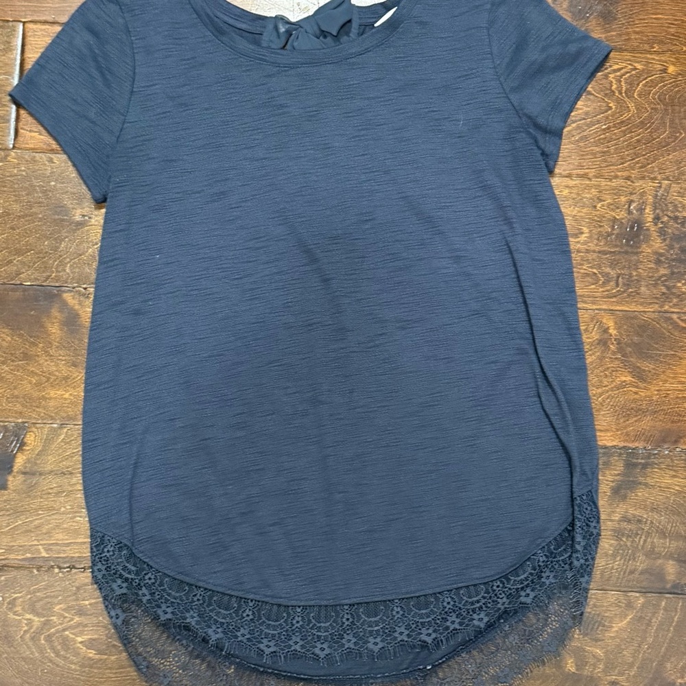 LC Lauren Conrad Navy Lace Trim Short Sleeve Top